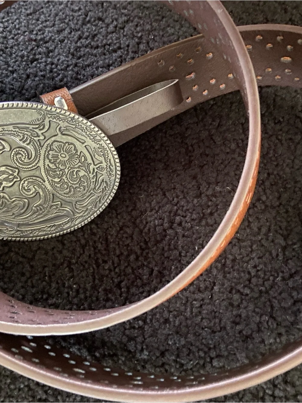 Brown wrangler Leather Western-Style Belt with Ornate Silver Buckle